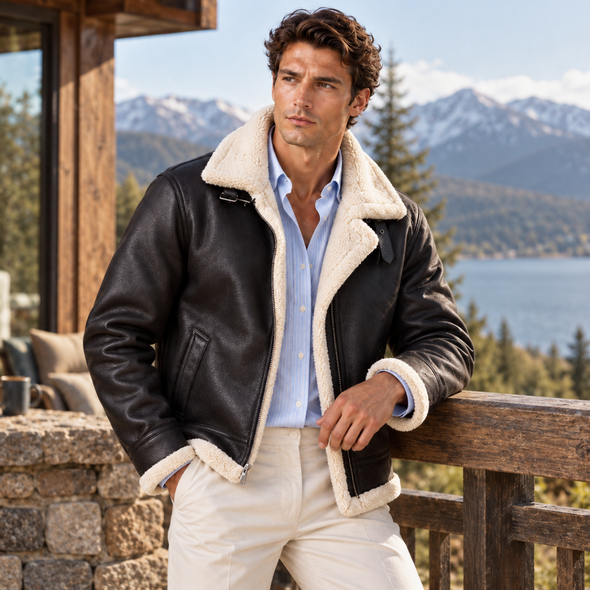 Men's Sherpa Lined Leather Jacket Black Cream Collar