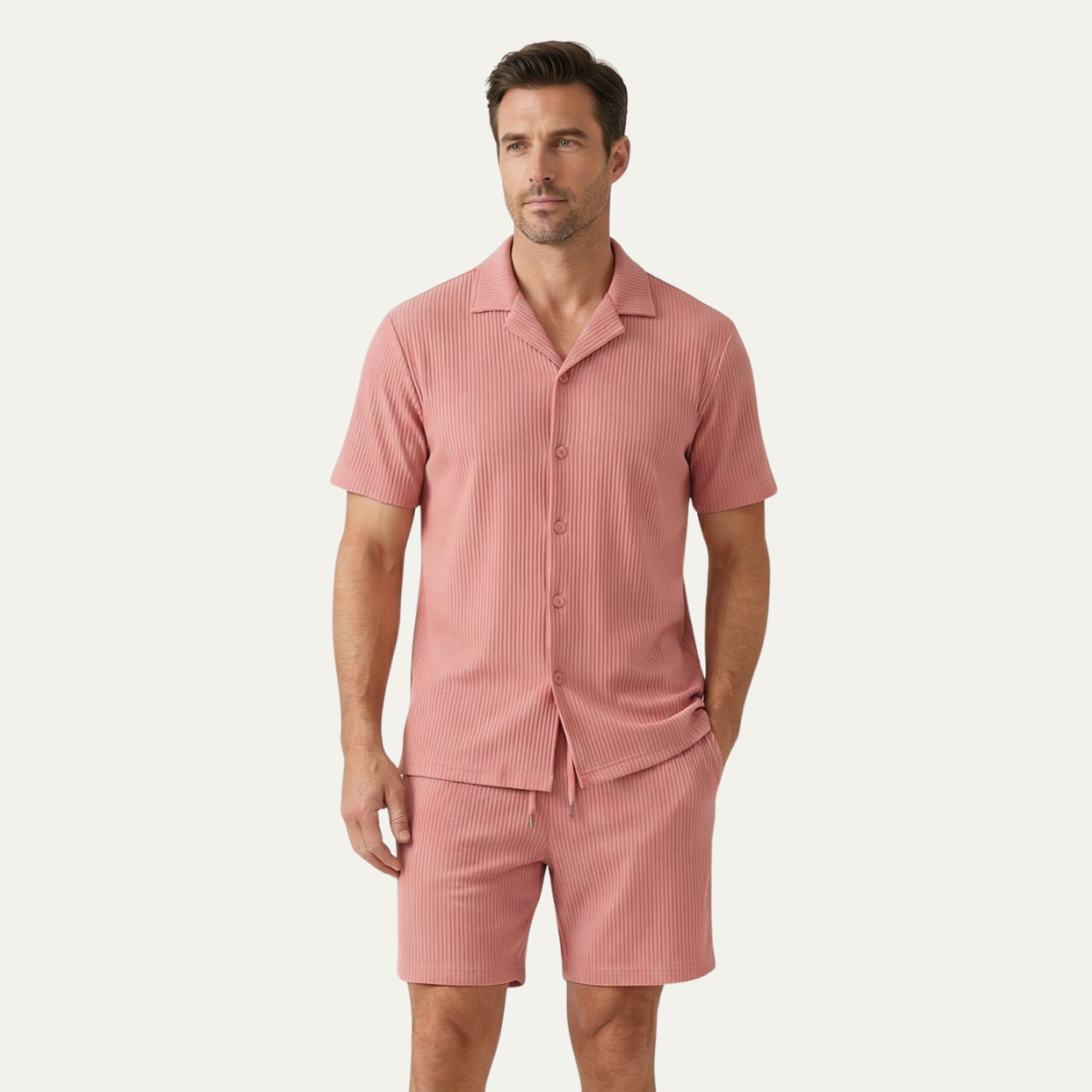 The Poschiavo Men’s Casual Summer Ribbed Set – Shirt & Shorts