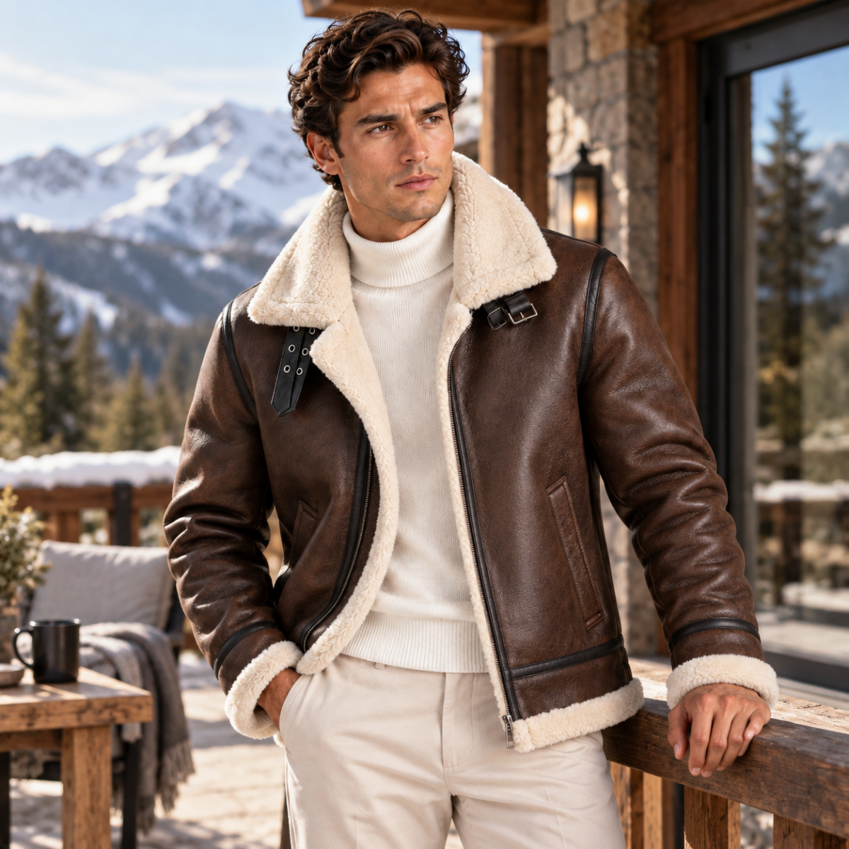 Men's Sherpa Lined Leather Jacket Black Cream Collar