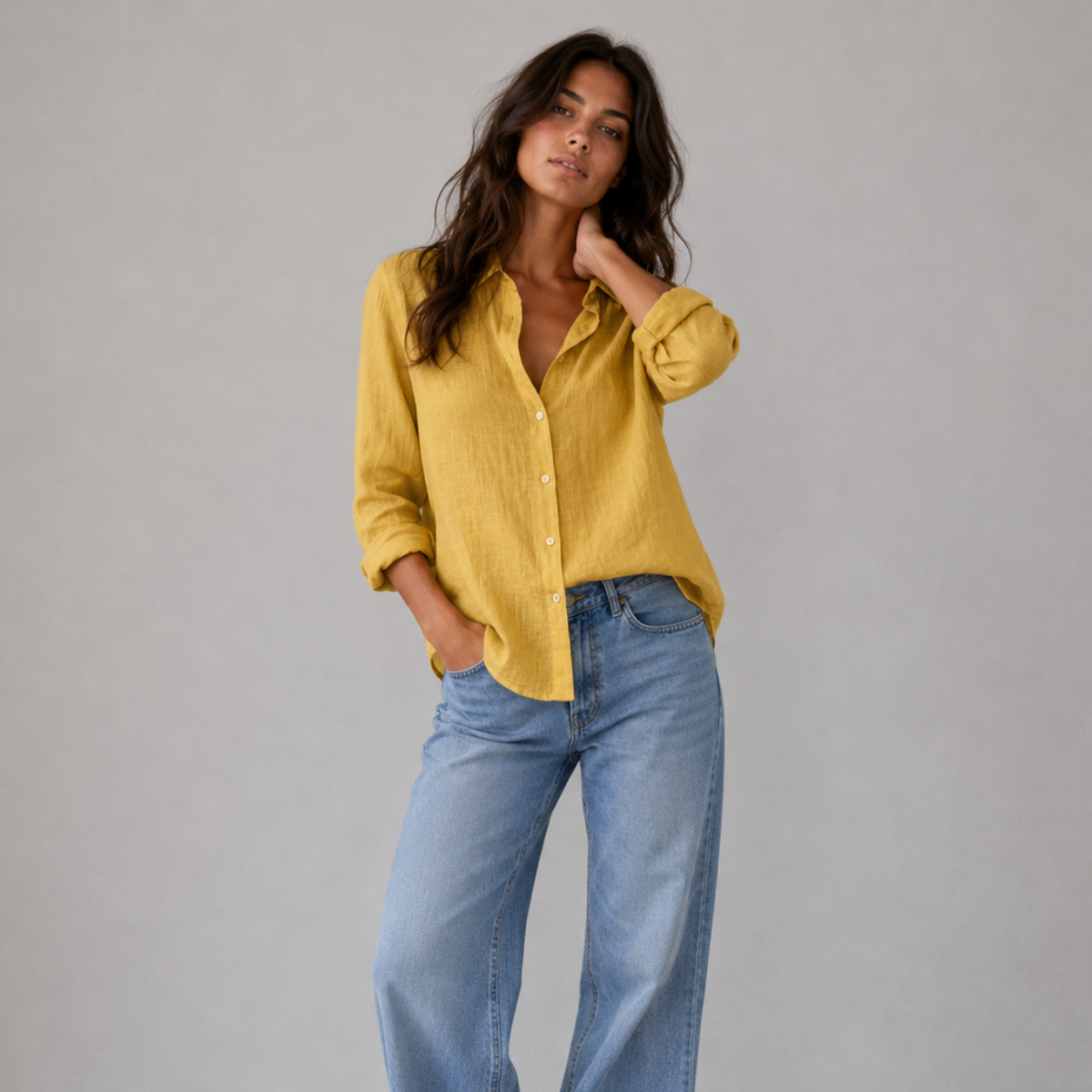 Summer Linen Blend Button Up Blouse