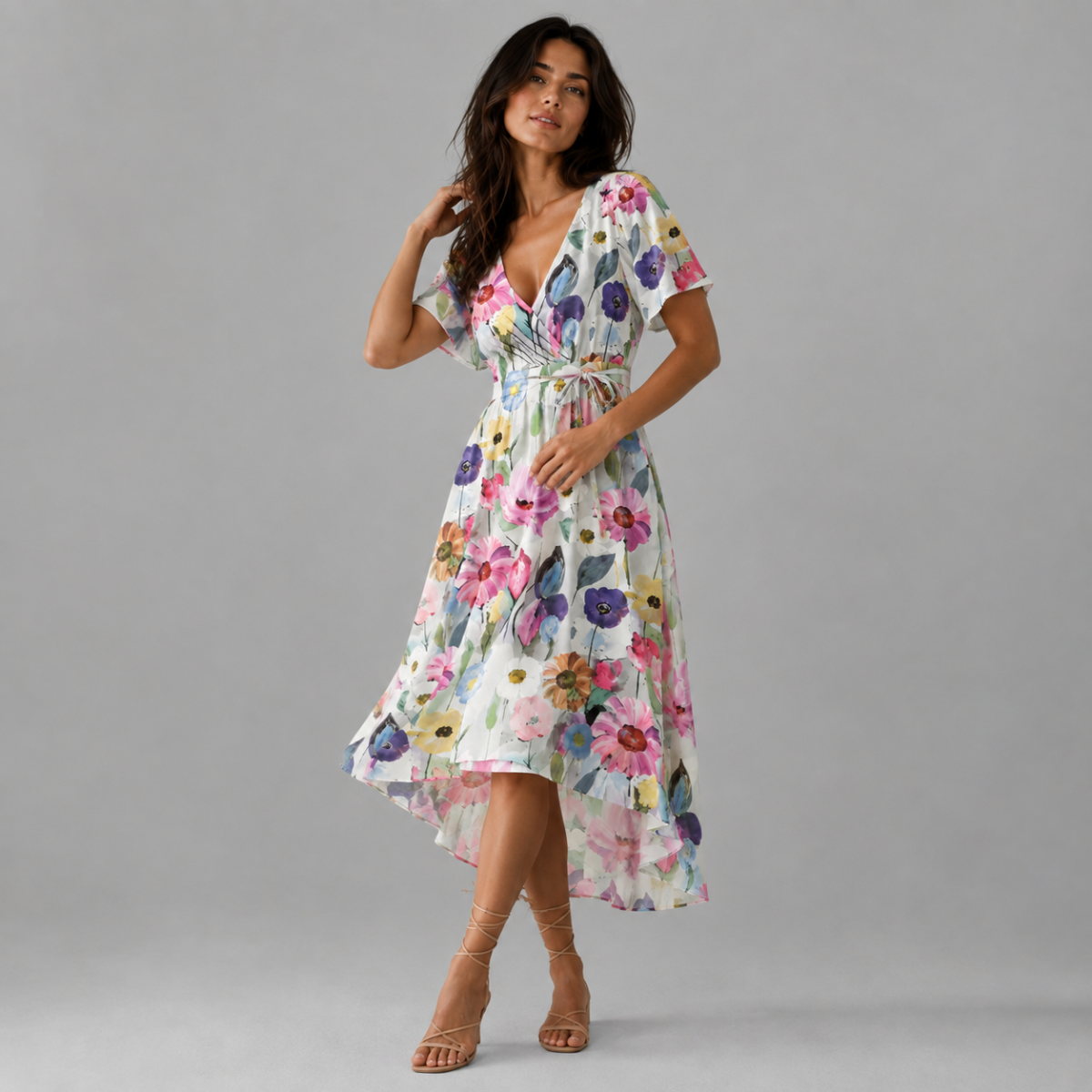 Floral V Neck Midi Dress