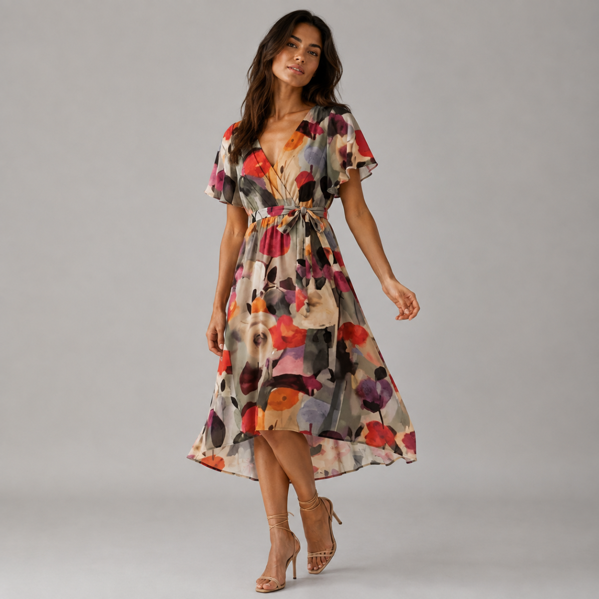 Floral V Neck Midi Dress