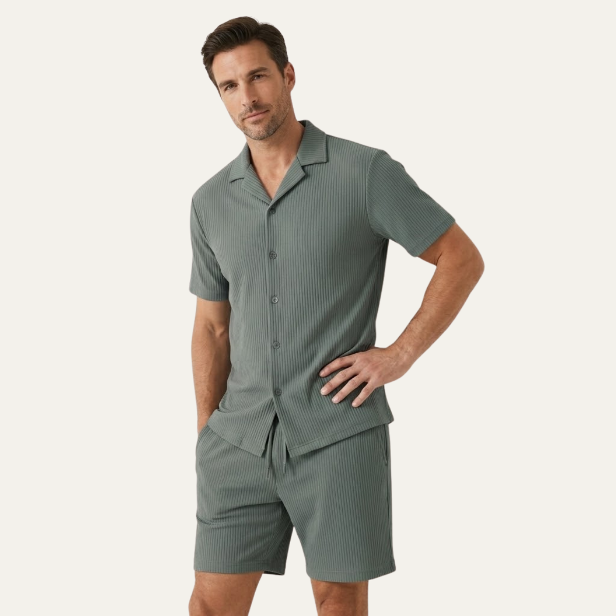 The Poschiavo Men’s Casual Summer Ribbed Set – Shirt & Shorts