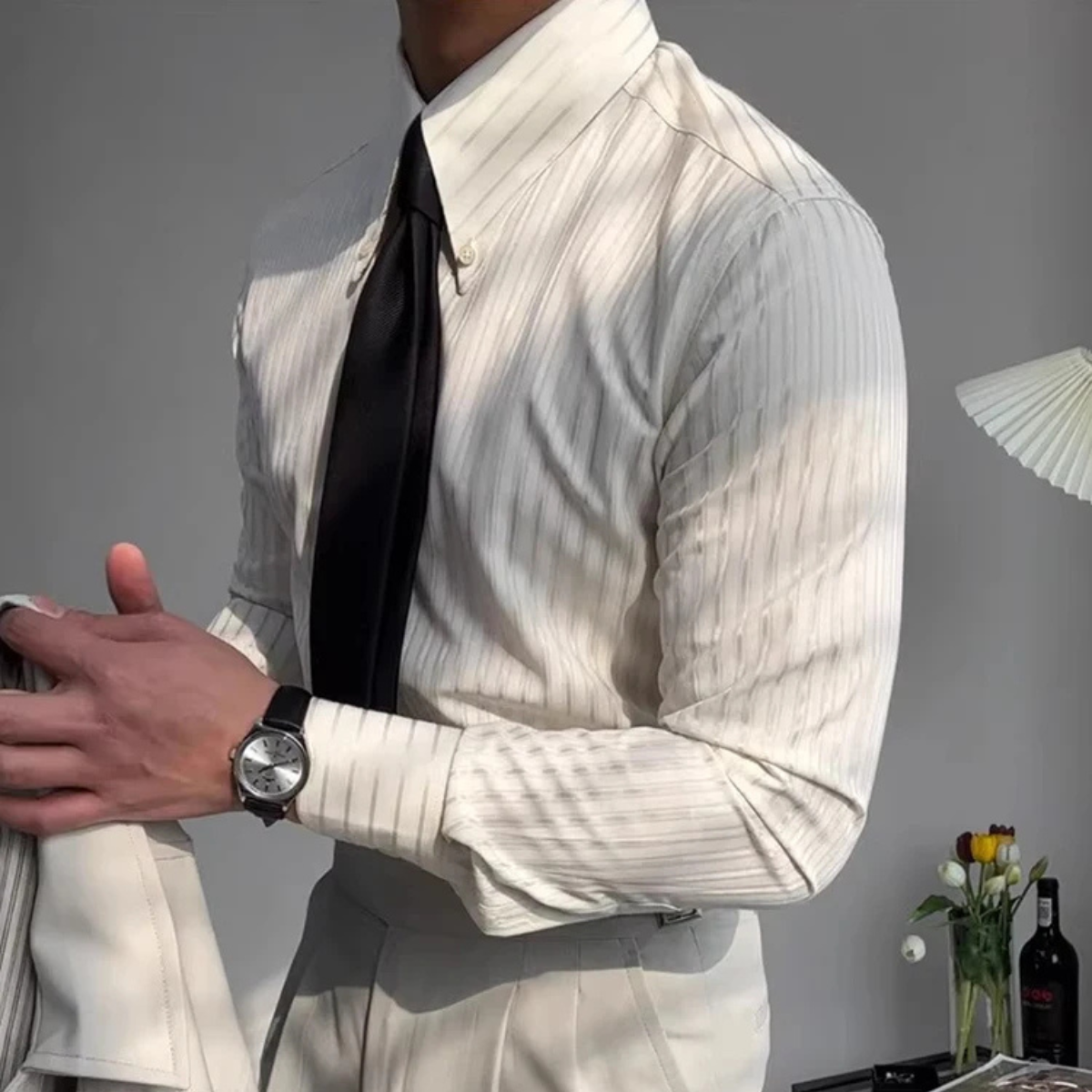 The Macerata Men’s Textured Pleated Formal Button Up Dress Shirt – Apricot
