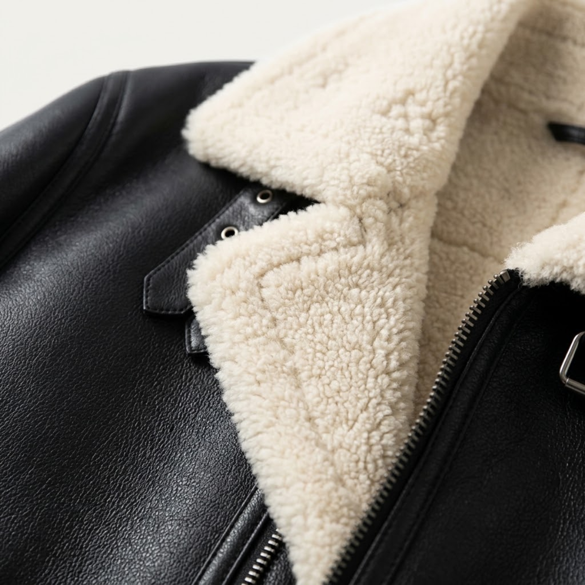 Men's Sherpa Lined Leather Jacket Black Cream Collar