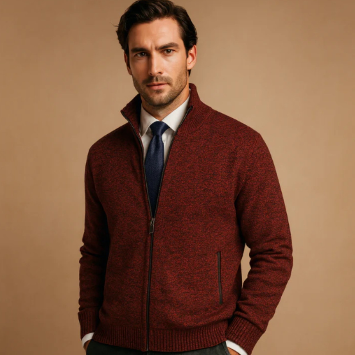 The Glenwood Men’s Classic Knitted Zip Cardigan with Stand Collar
