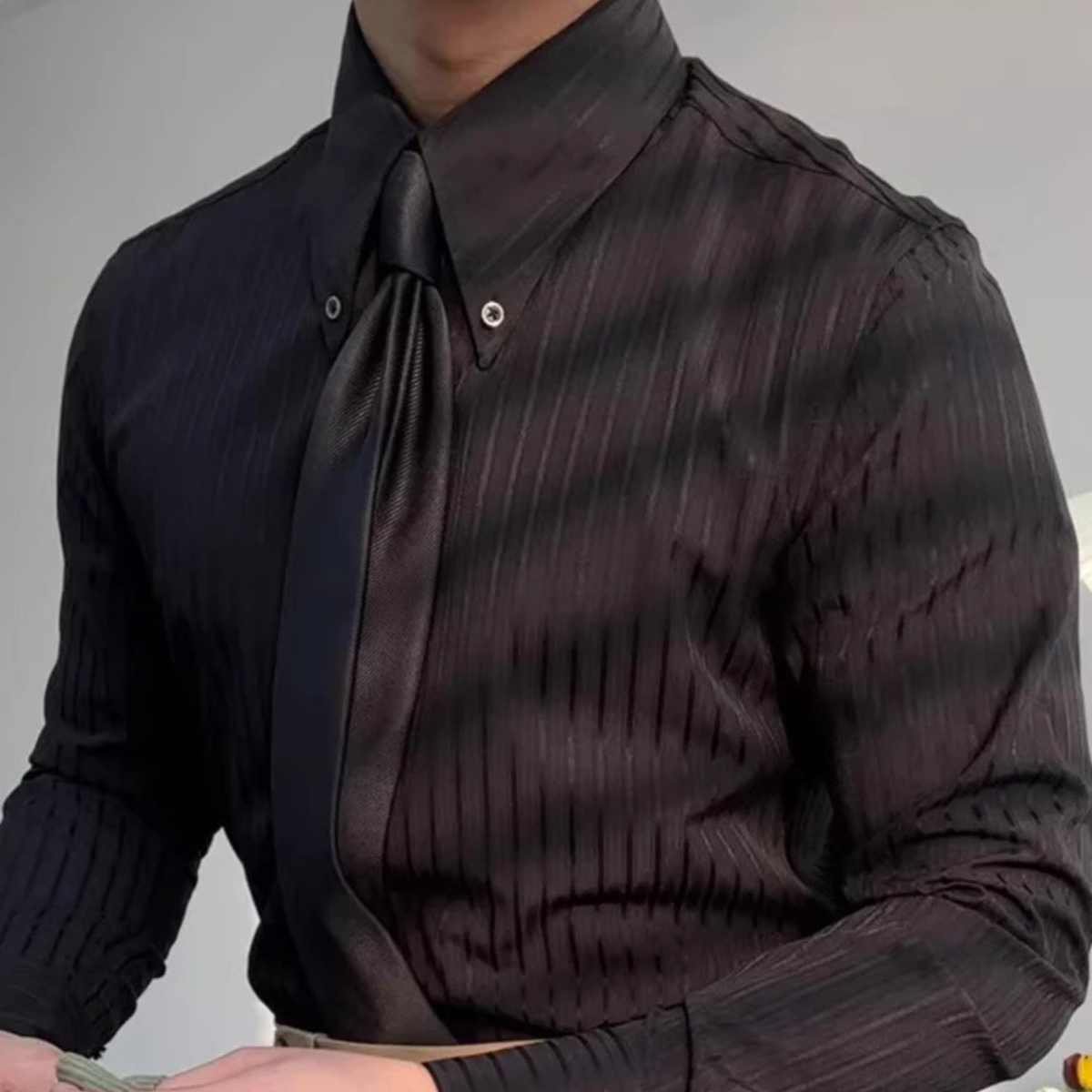 The Palermo Men’s Textured Pleated Formal Button Up Dress Shirt – Black
