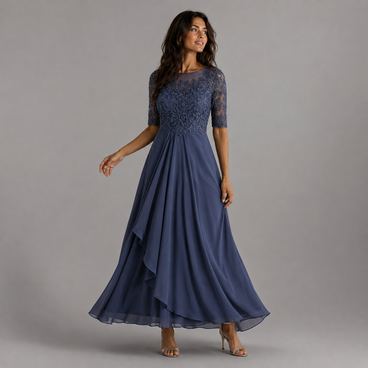 Midi Lace Dress with Sheer Elbow Sleeves