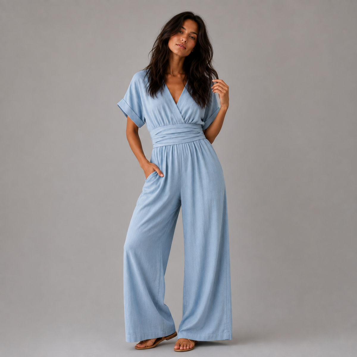 Elegant V Neck Wide Leg Jumpsuit