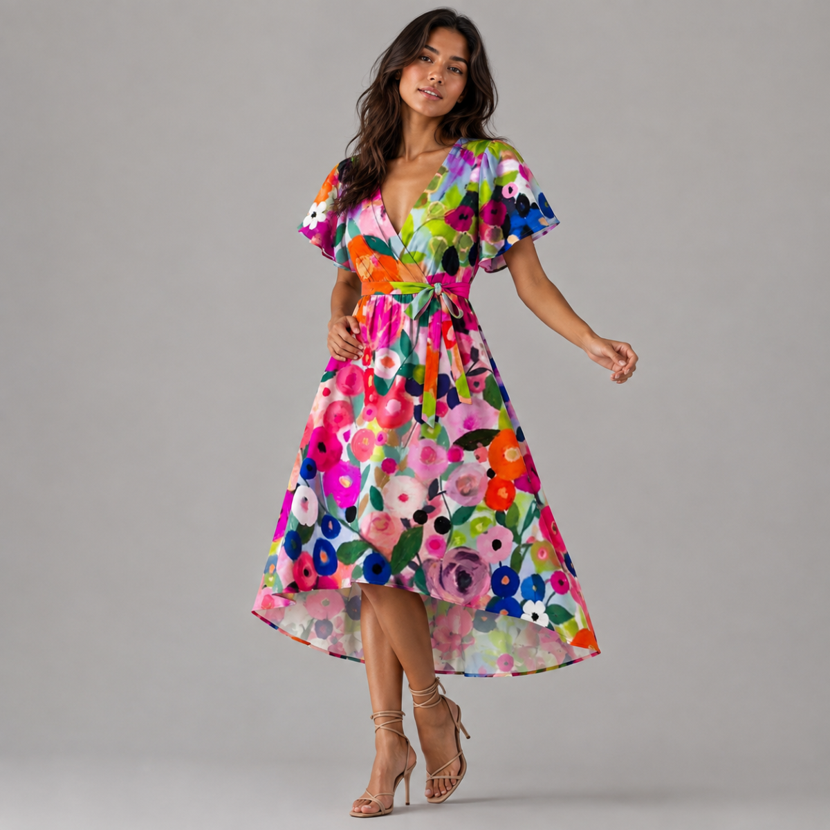 Floral V Neck Midi Dress