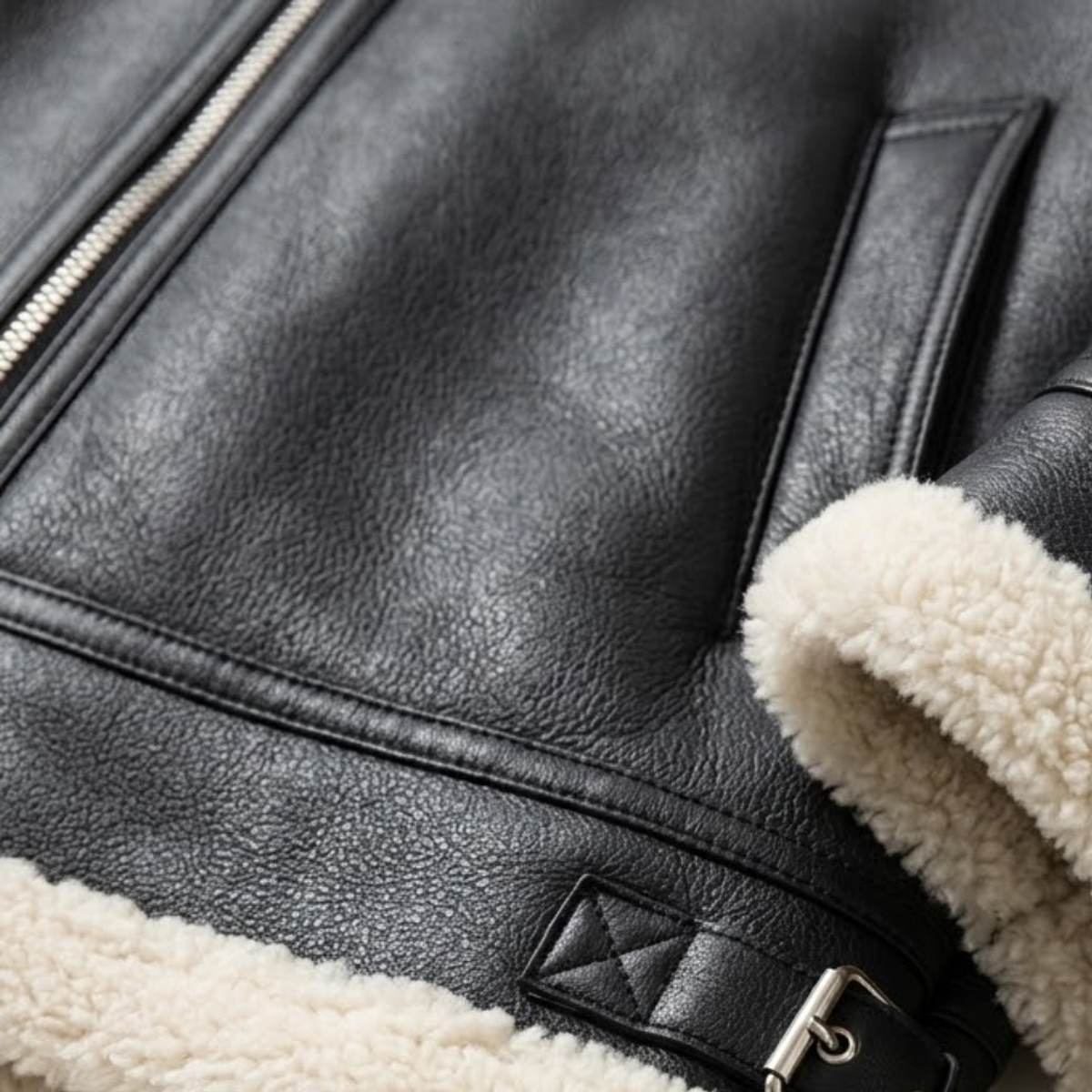 Men's Sherpa Lined Leather Jacket Black Cream Collar