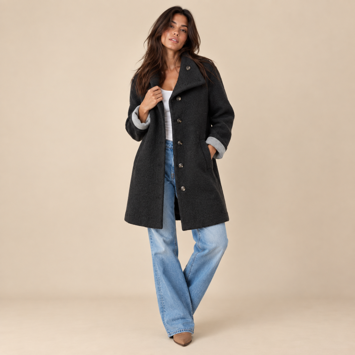 Women's Hooded Wool Coat – Casual Long Button Winter Jacket