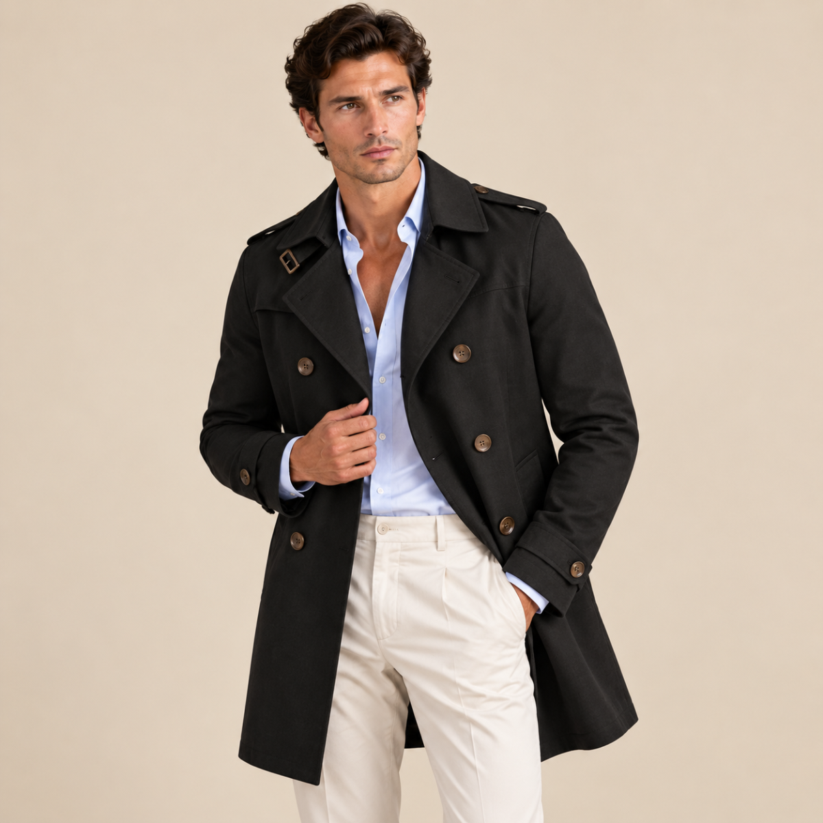Men's Trench Coat Beige Single Breasted Notched Collar