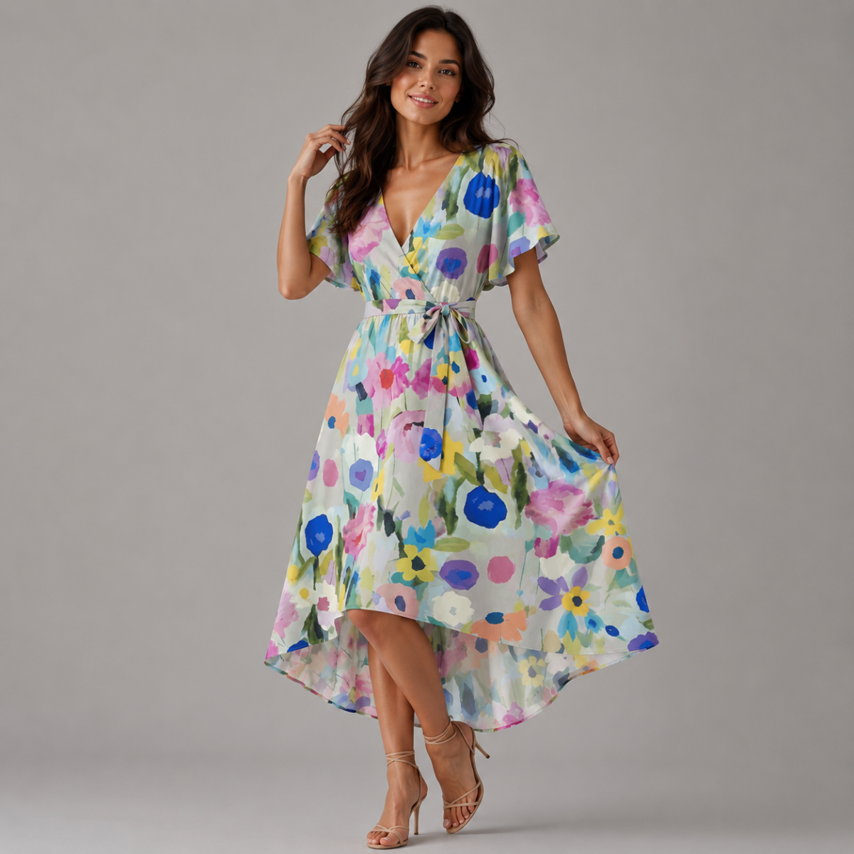 Floral V Neck Midi Dress