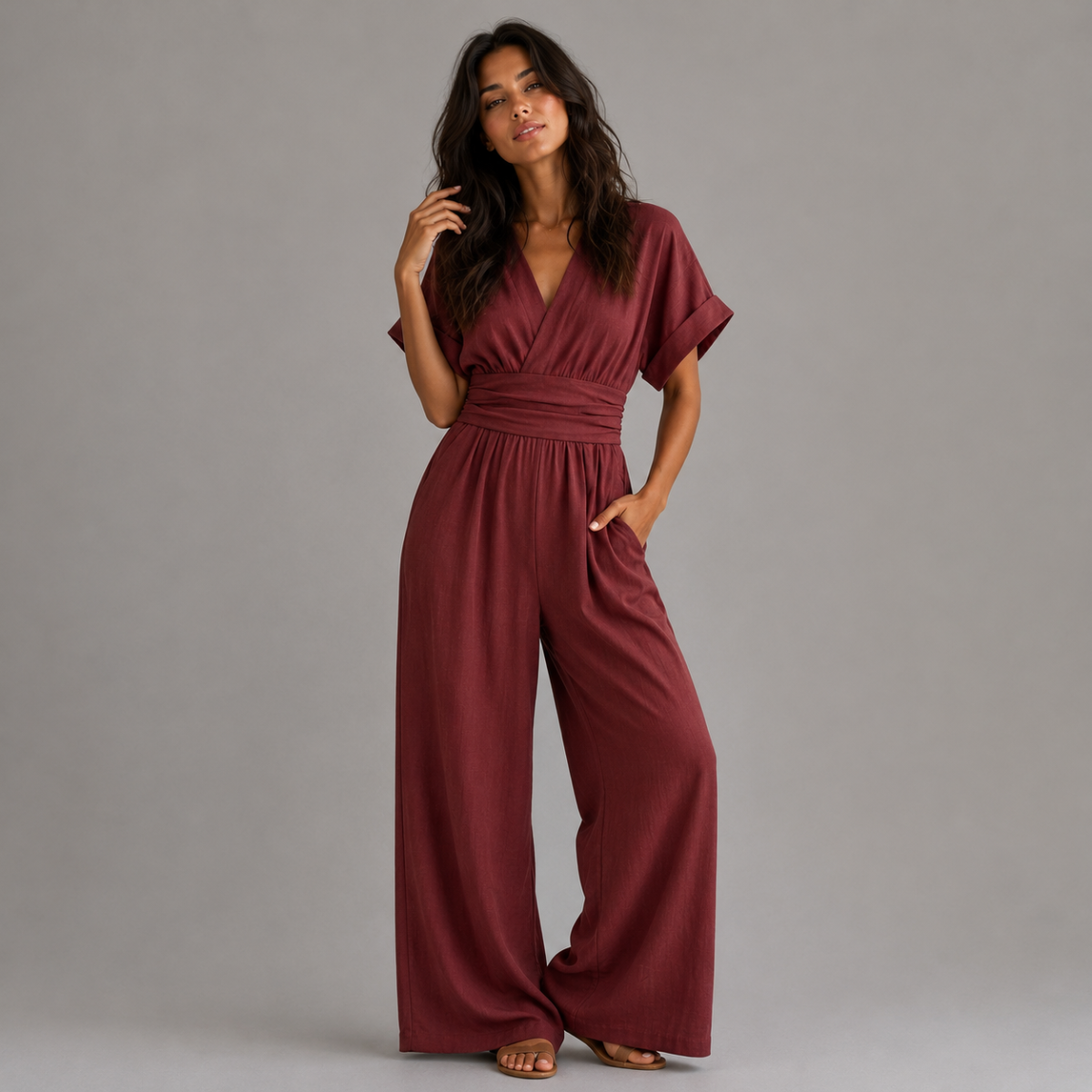 Elegant V Neck Wide Leg Jumpsuit