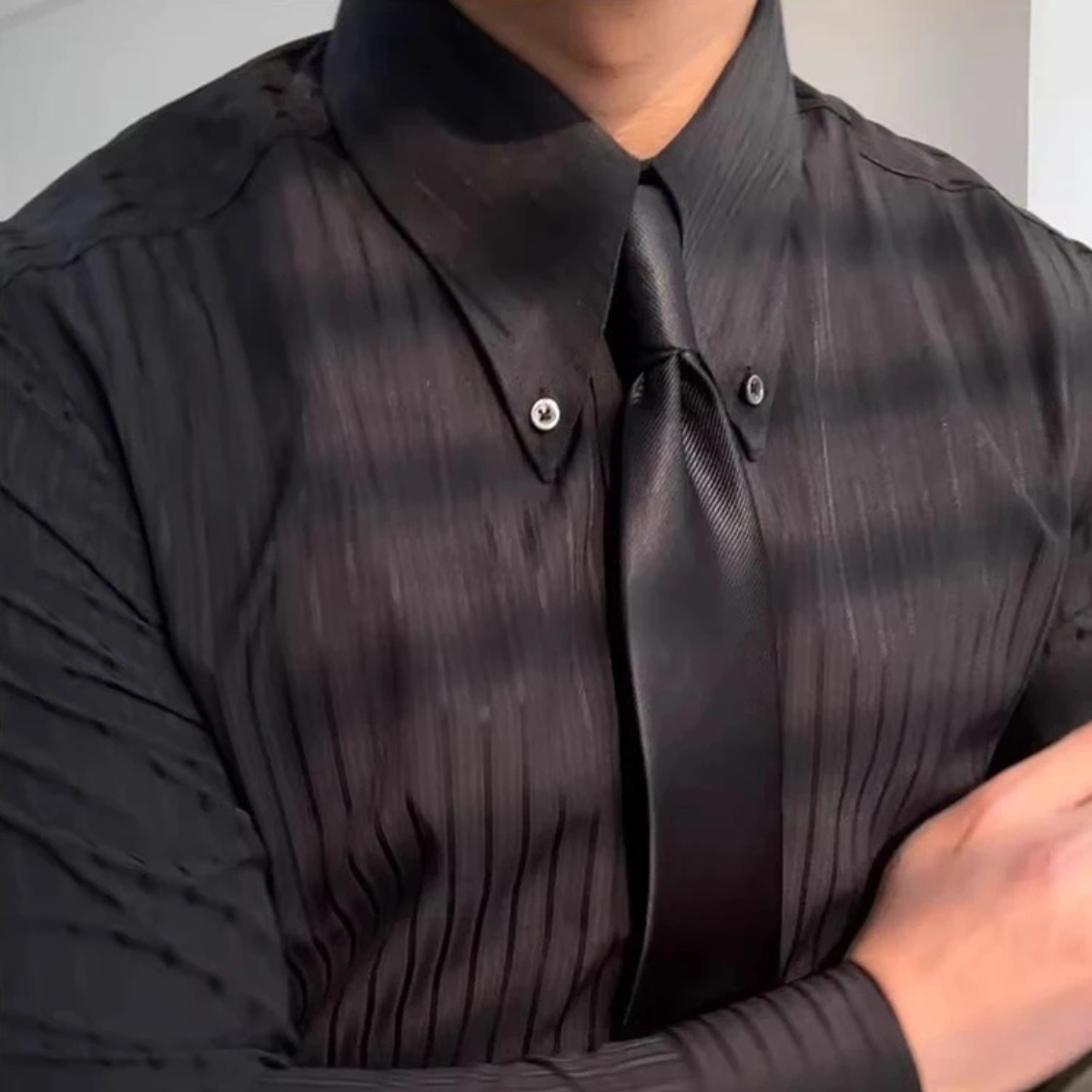 The Palermo Men’s Textured Pleated Formal Button Up Dress Shirt – Black