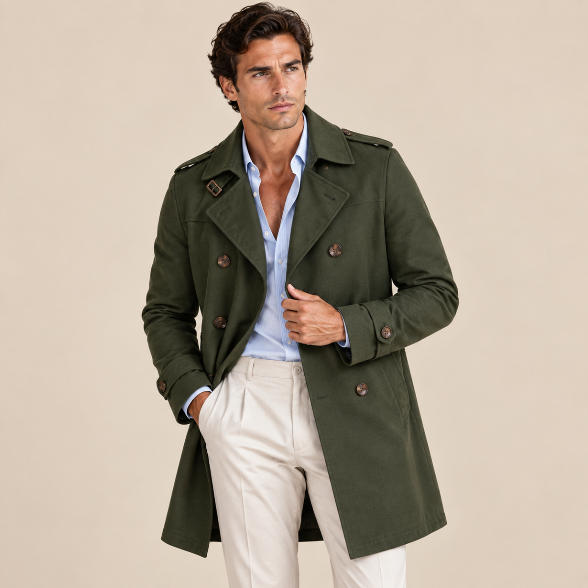 Men's Trench Coat Beige Single Breasted Notched Collar