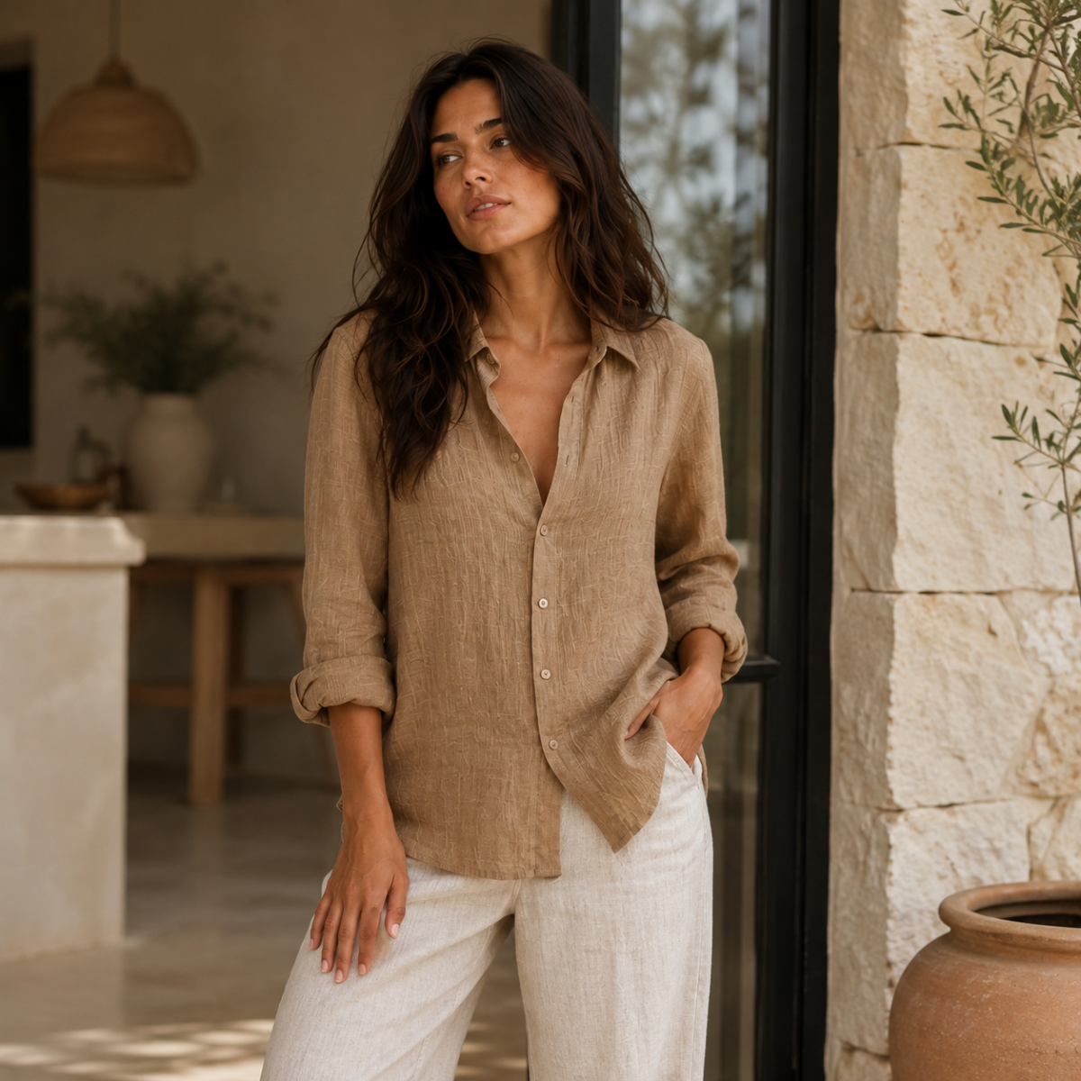 Summer Linen Blend Button Up Blouse