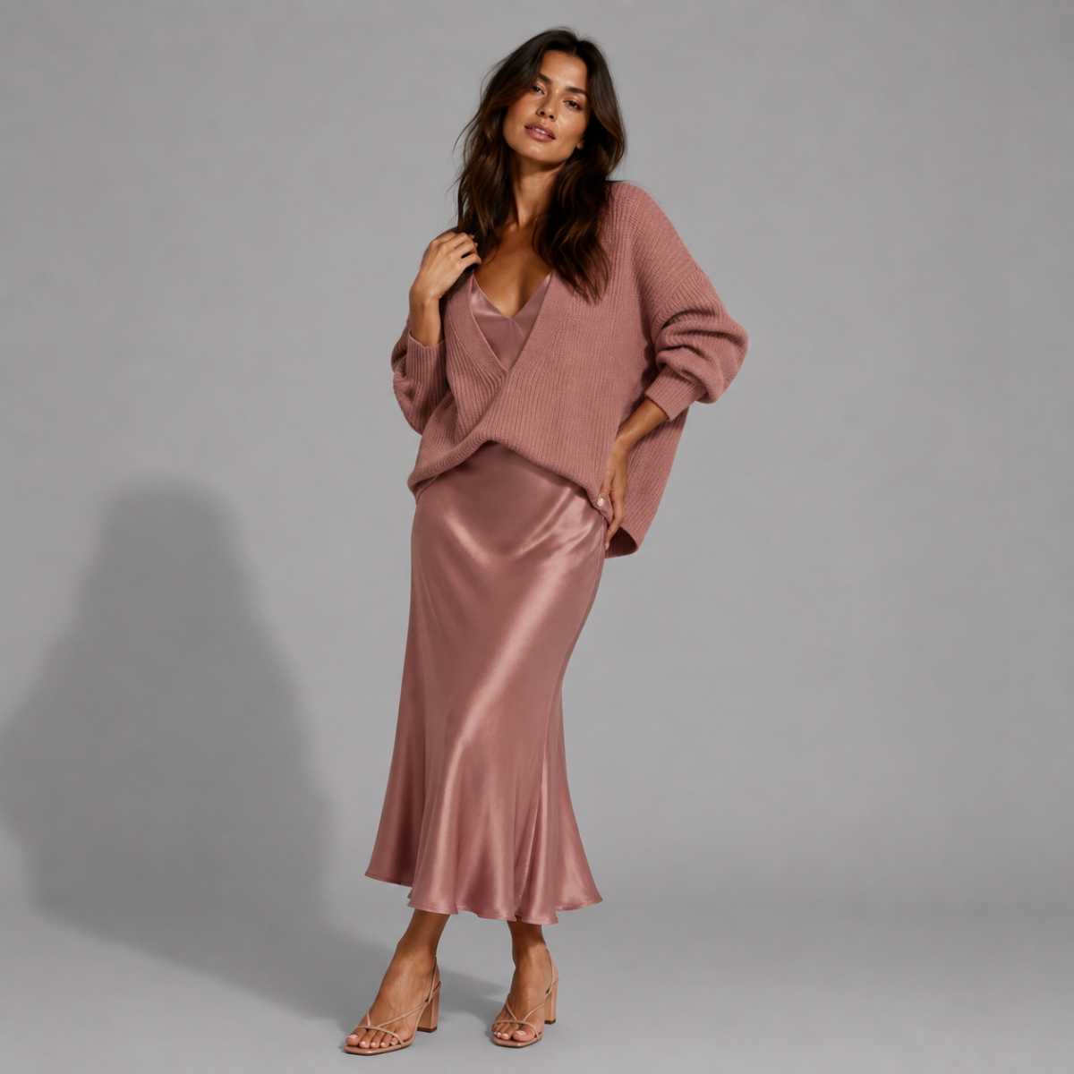 Premium Sweater & Satin Maxi Skirt Set
