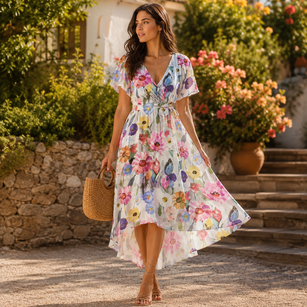Floral V Neck Midi Dress