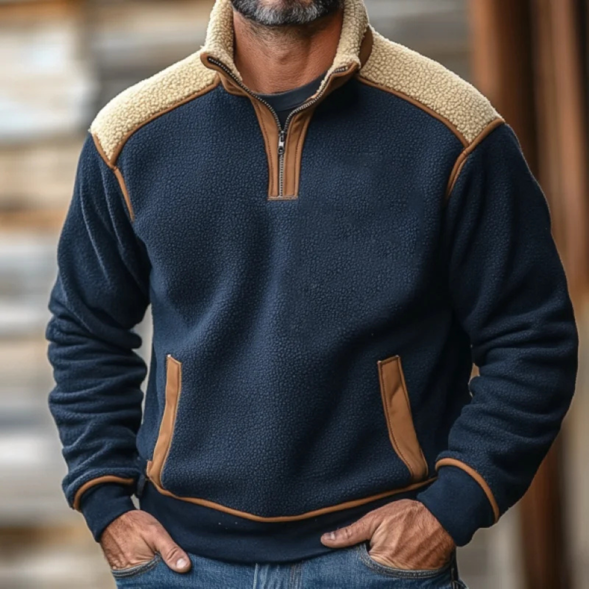 The Willowfall Men's Warm Color Block Sherpa Fleece Half Zip Sweater