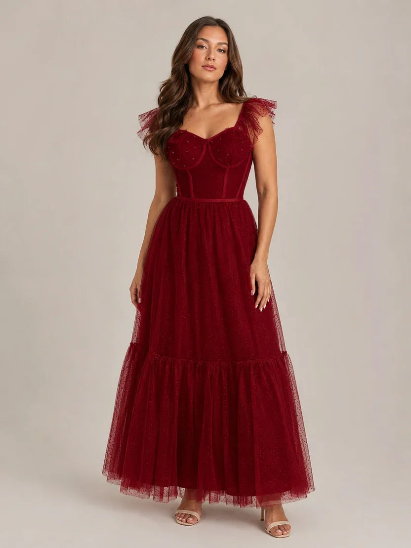 Women's Corset Maxi Party Dress with Tulle Ruffle Sleeves