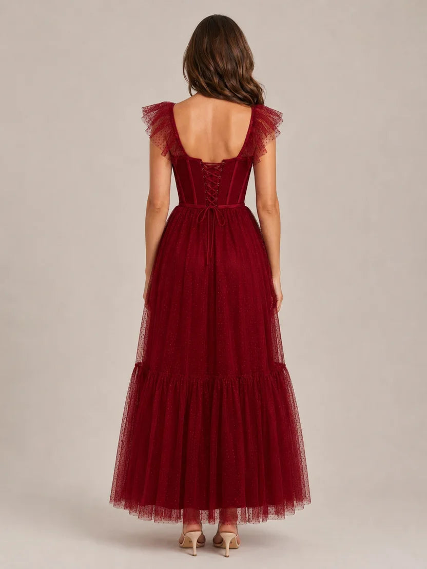 Women's Corset Maxi Party Dress with Tulle Ruffle Sleeves