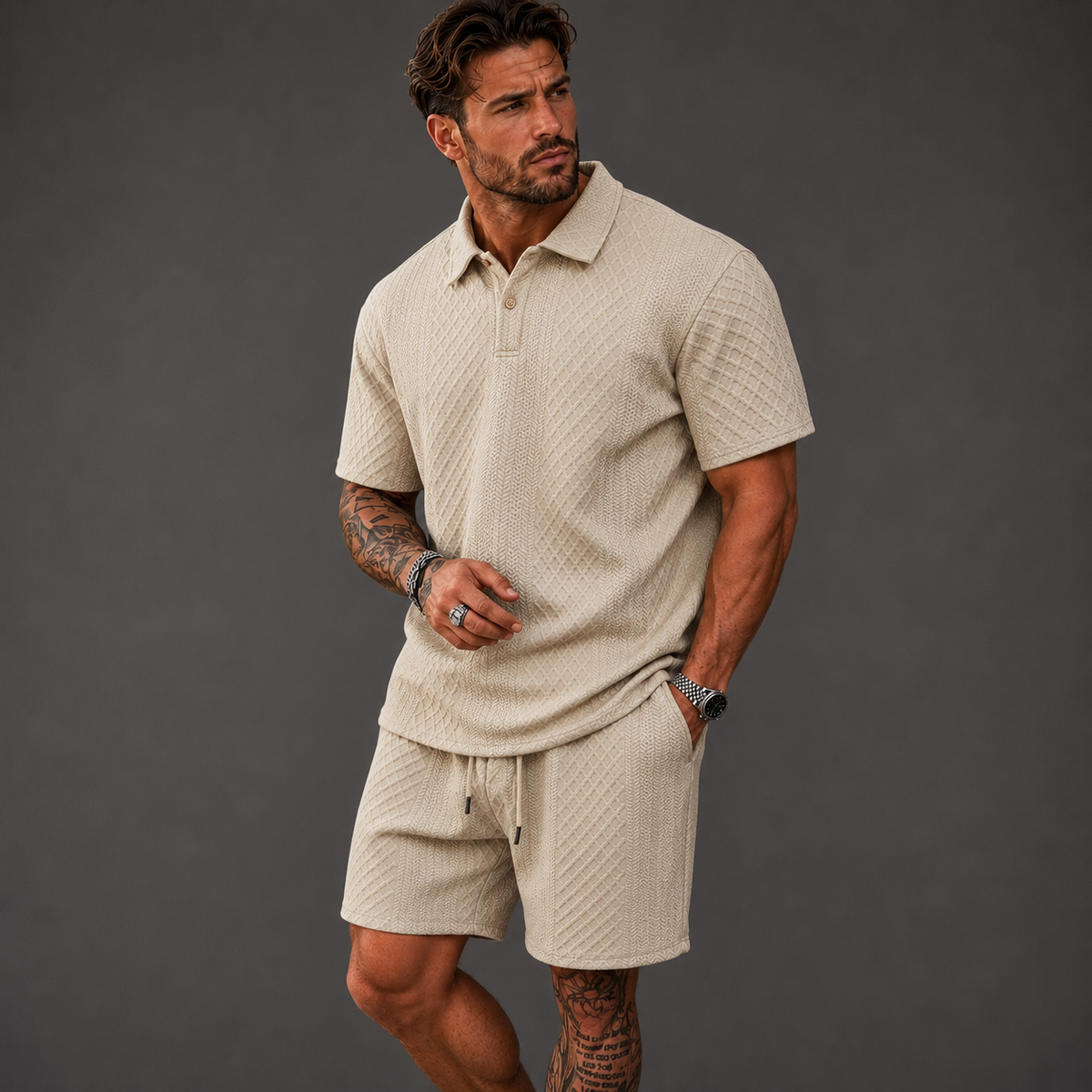 Men’s Summer Jacquard Polo &amp; Shorts Set – Lightweight Beach Outfit - The Surrey