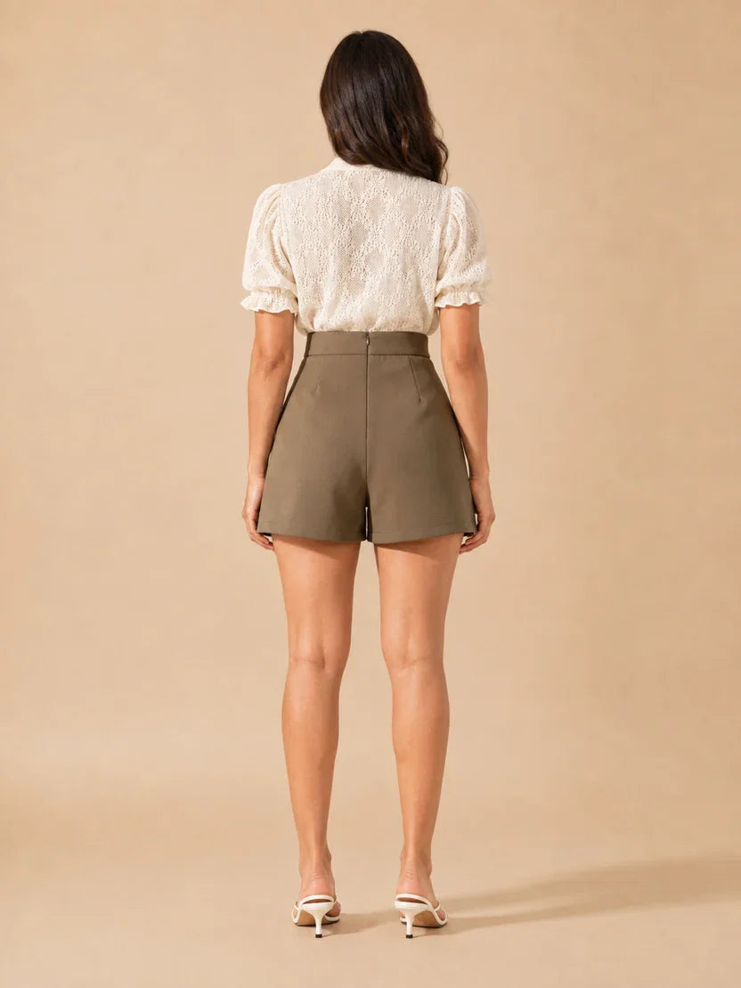 Women's High Waist A Line Shorts with Double Button Detail