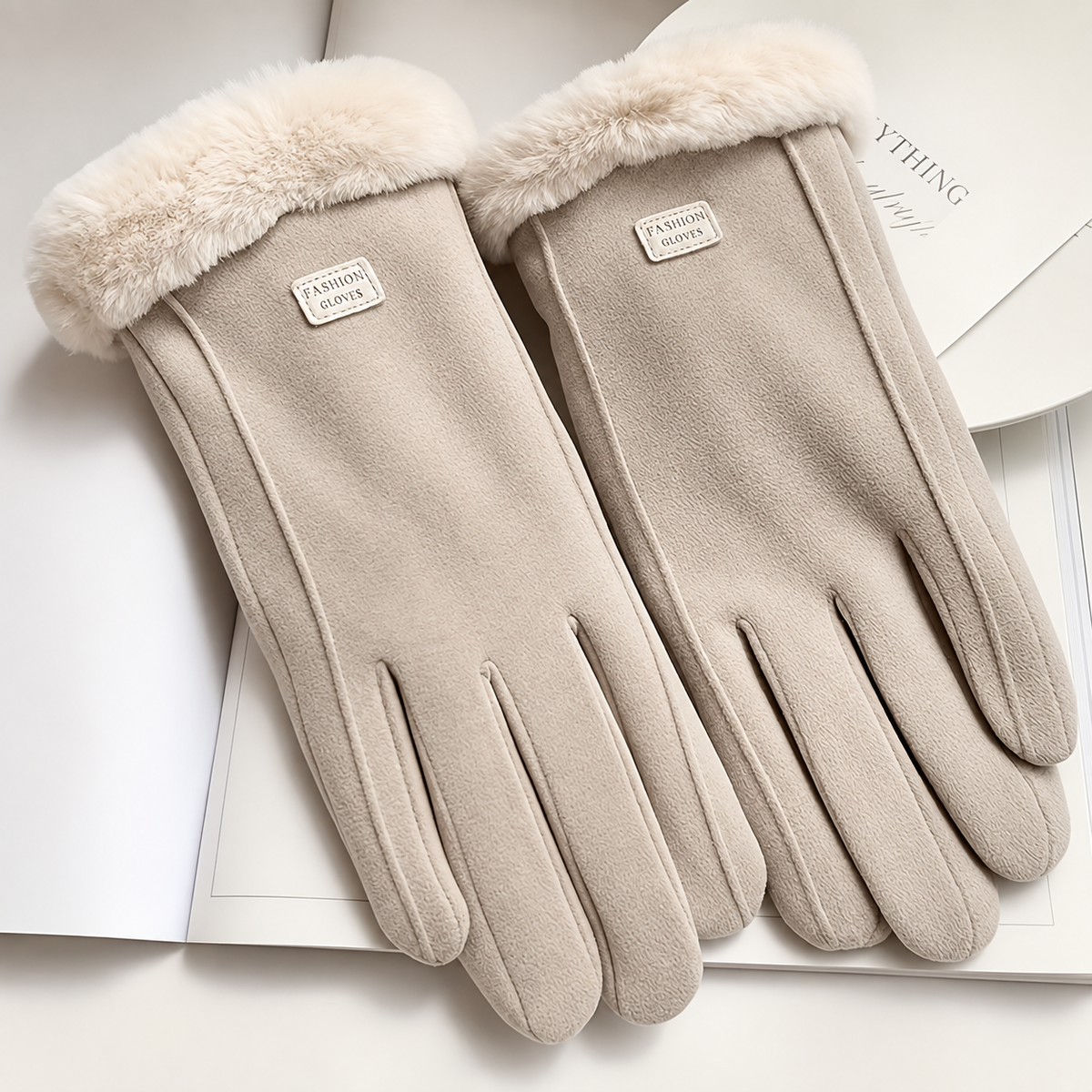 Women's Beige Plush Lined Gloves