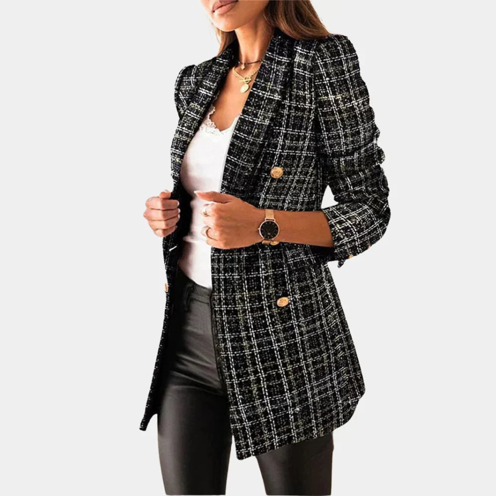 Women's Slim Fit Plaid Double Breasted Blazer