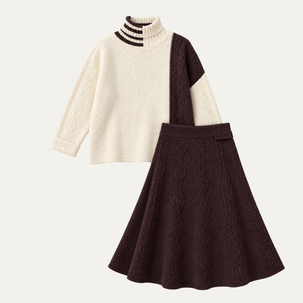 Women's Color Block Turtleneck Sweater &amp; A Line Midi Skirt Set