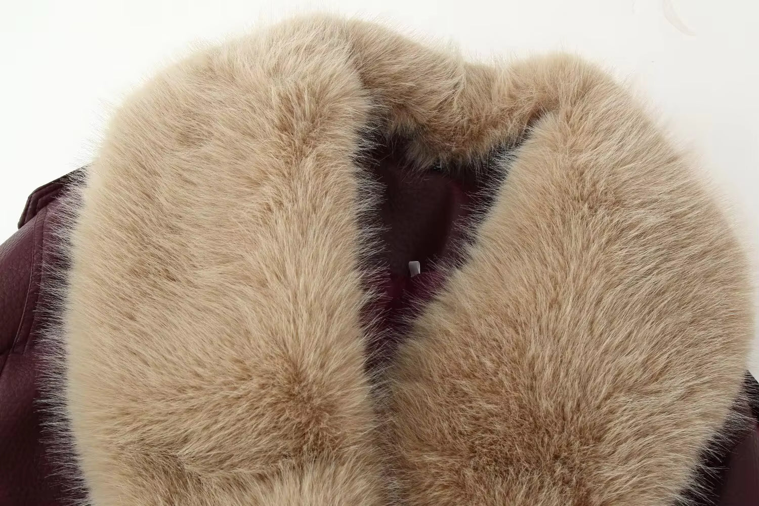 Women's Oversized Fur Collar Jacket — Wine Red