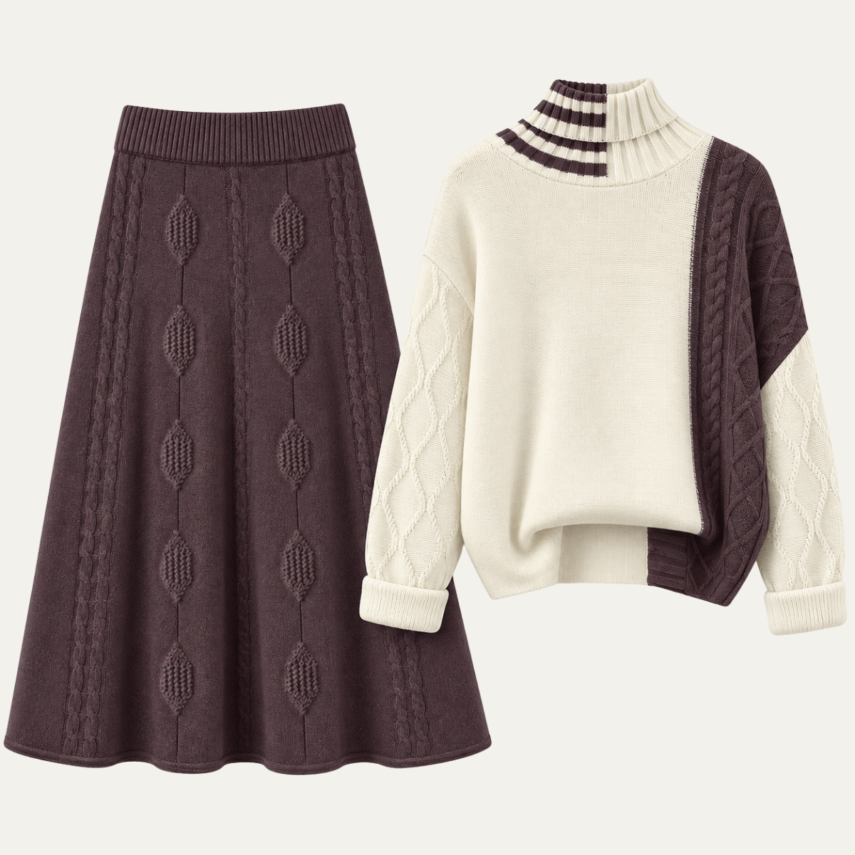 Women's Color Block Turtleneck Sweater &amp; A Line Midi Skirt Set