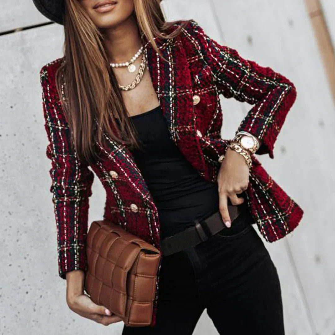 Women's Plaid Tweed Jacket with Gold Buttons