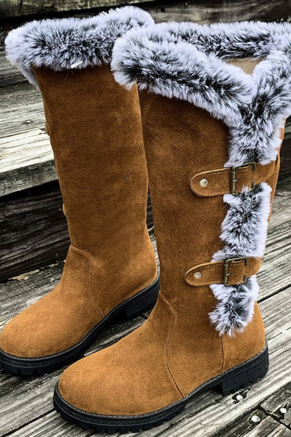 Women’s Faux Suede Winter Boots – Fur Lined Buckle Knee High Boots