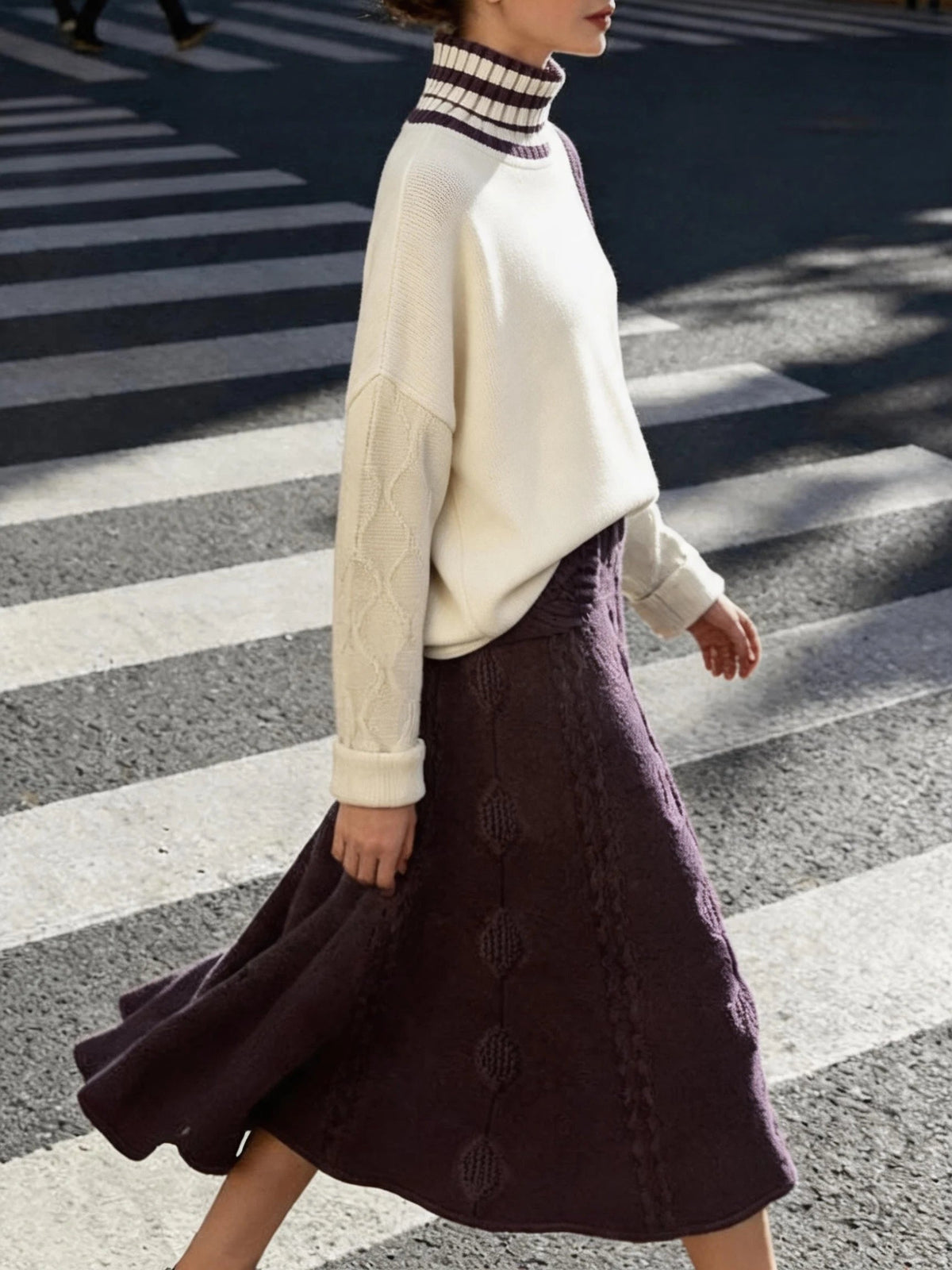 Women's Color Block Turtleneck Sweater & A Line Midi Skirt Set