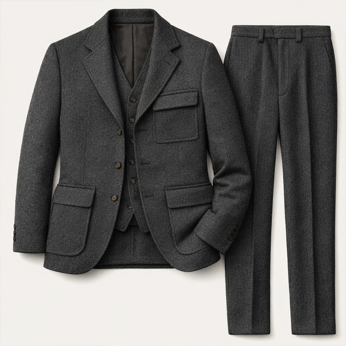 The Portofino Men’s Elegant 3 Piece Tweed Suit – Herringbone Blazer, Waistcoat & Trousers