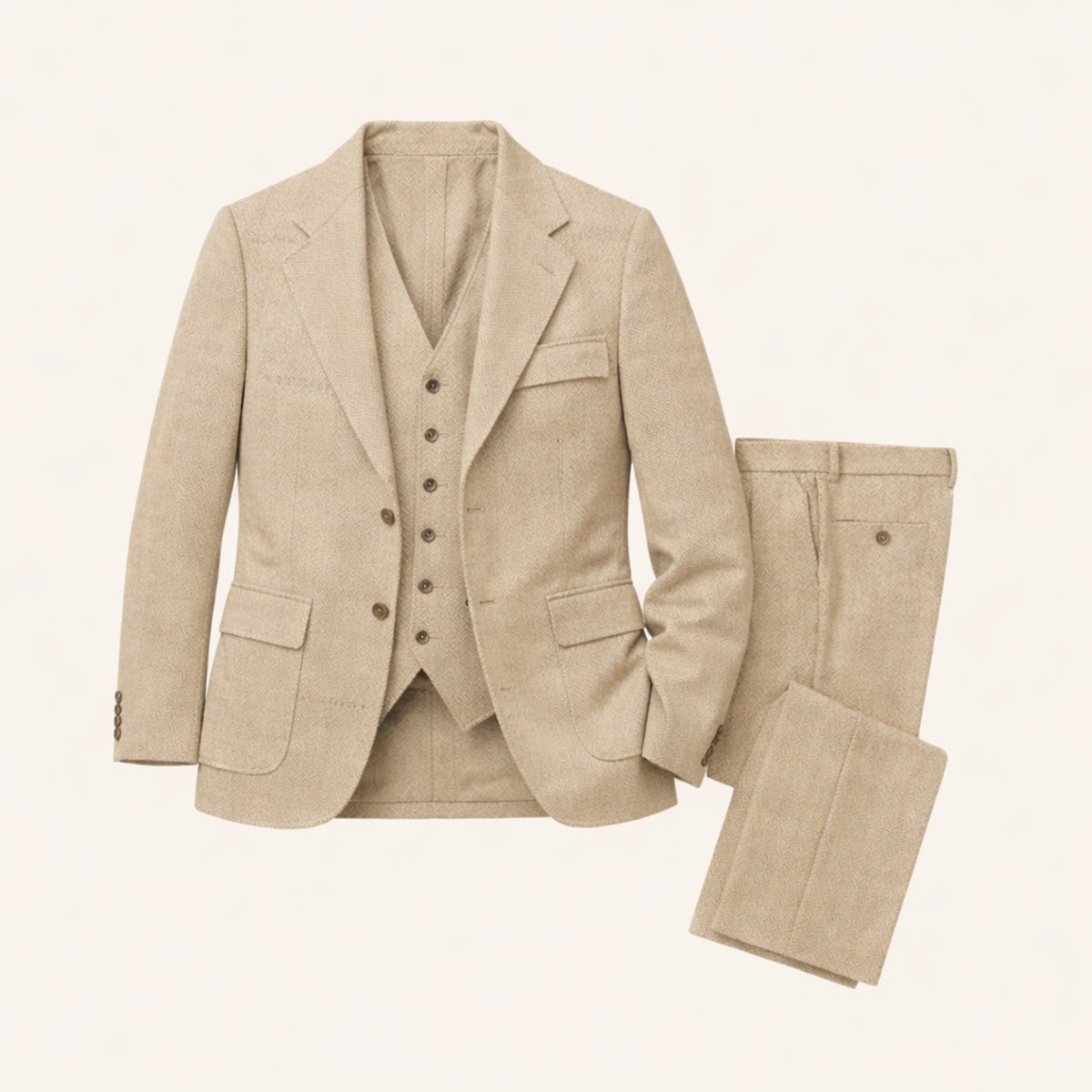 The Como Men’s Smart 3 Piece Tweed Suit – Herringbone Blazer, Waistcoat & Trousers