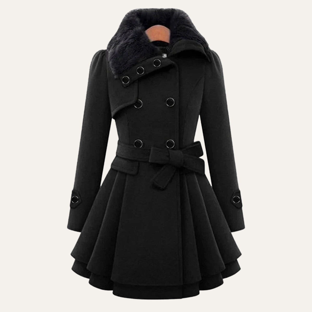 Women's Fur Collar Peacoat – Elegant Belted Fit & Flare Winter Coat