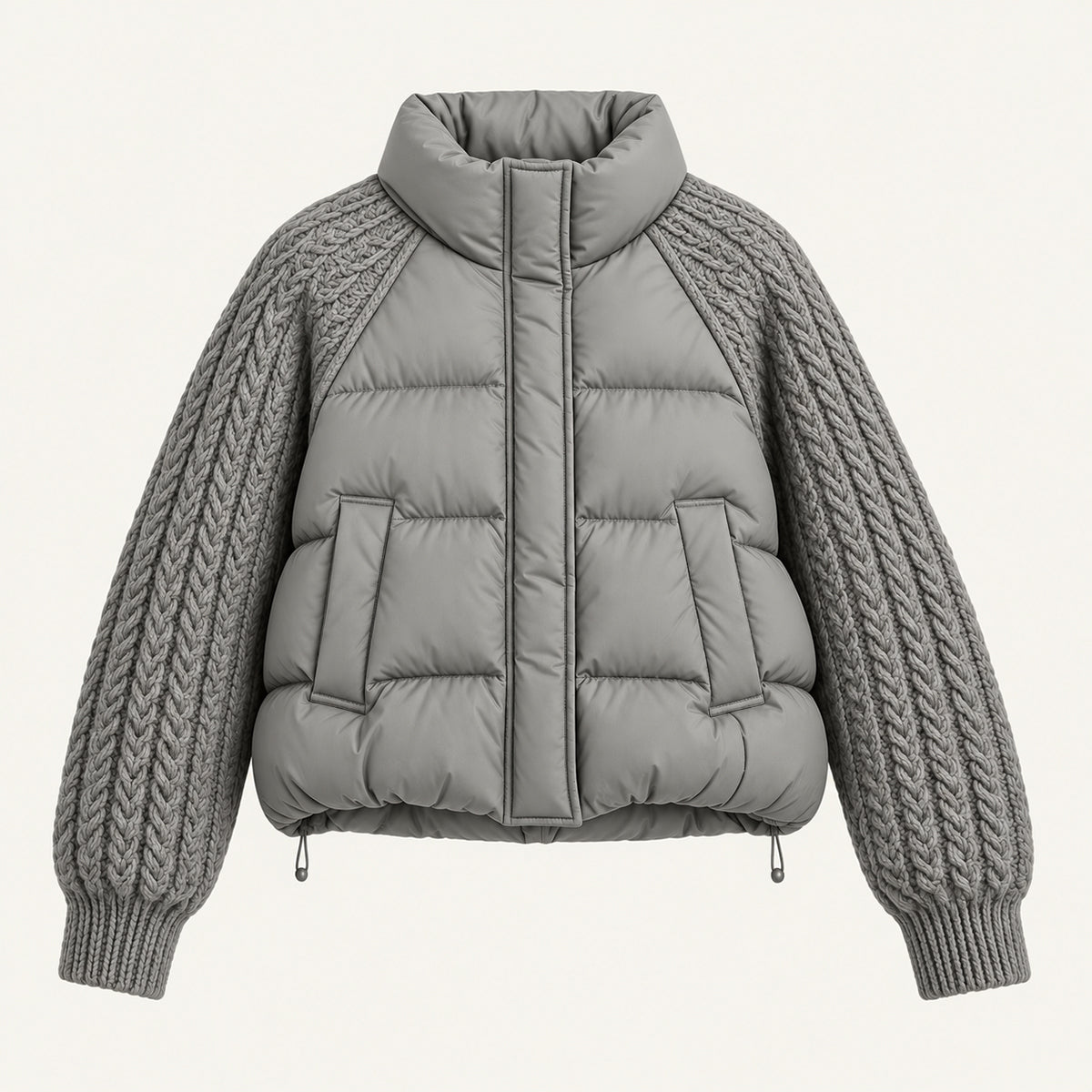 Women's Puffer Jacket with Cable Knit Sleeves