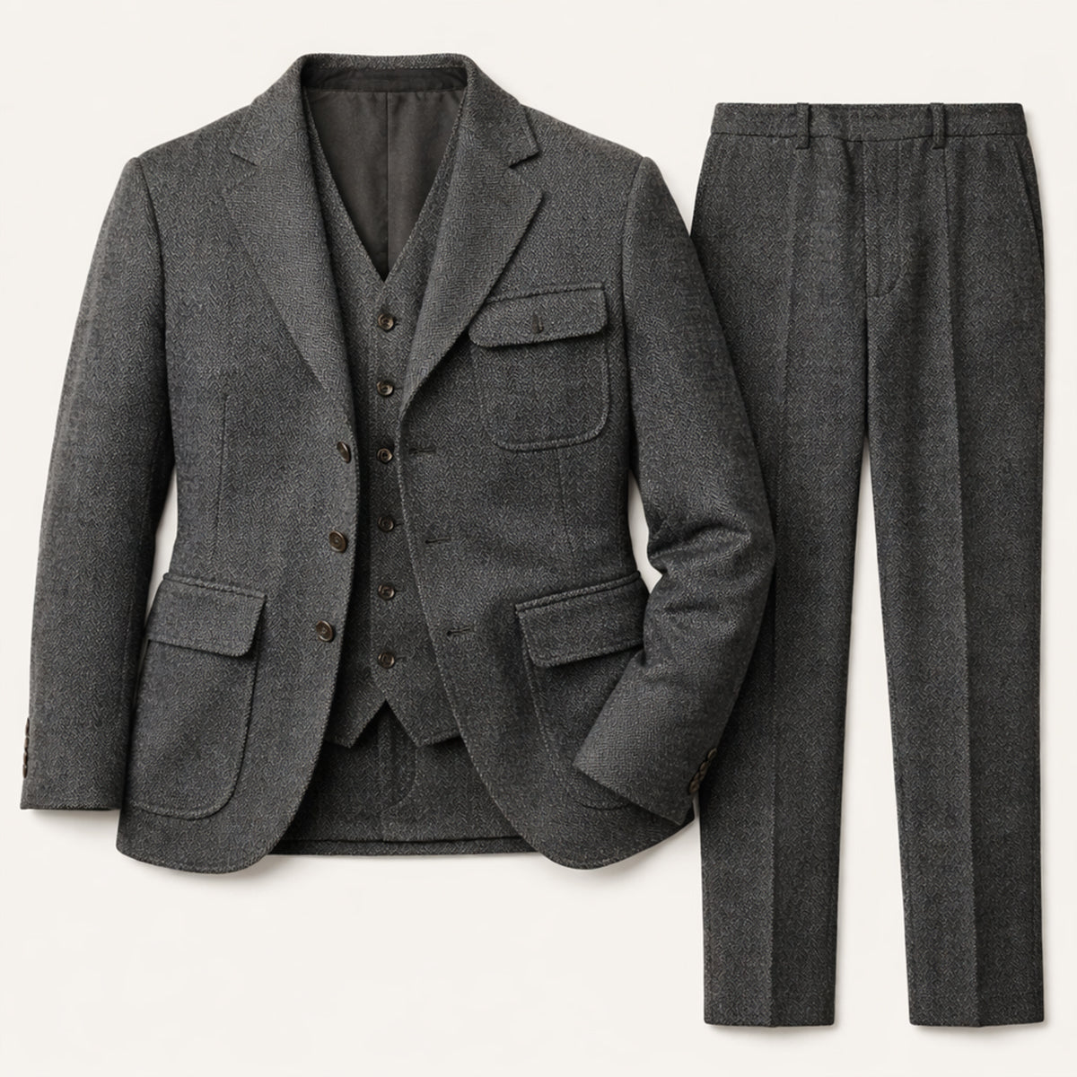 The Portofino Men’s Elegant 3 Piece Tweed Suit – Herringbone Blazer, Waistcoat & Trousers