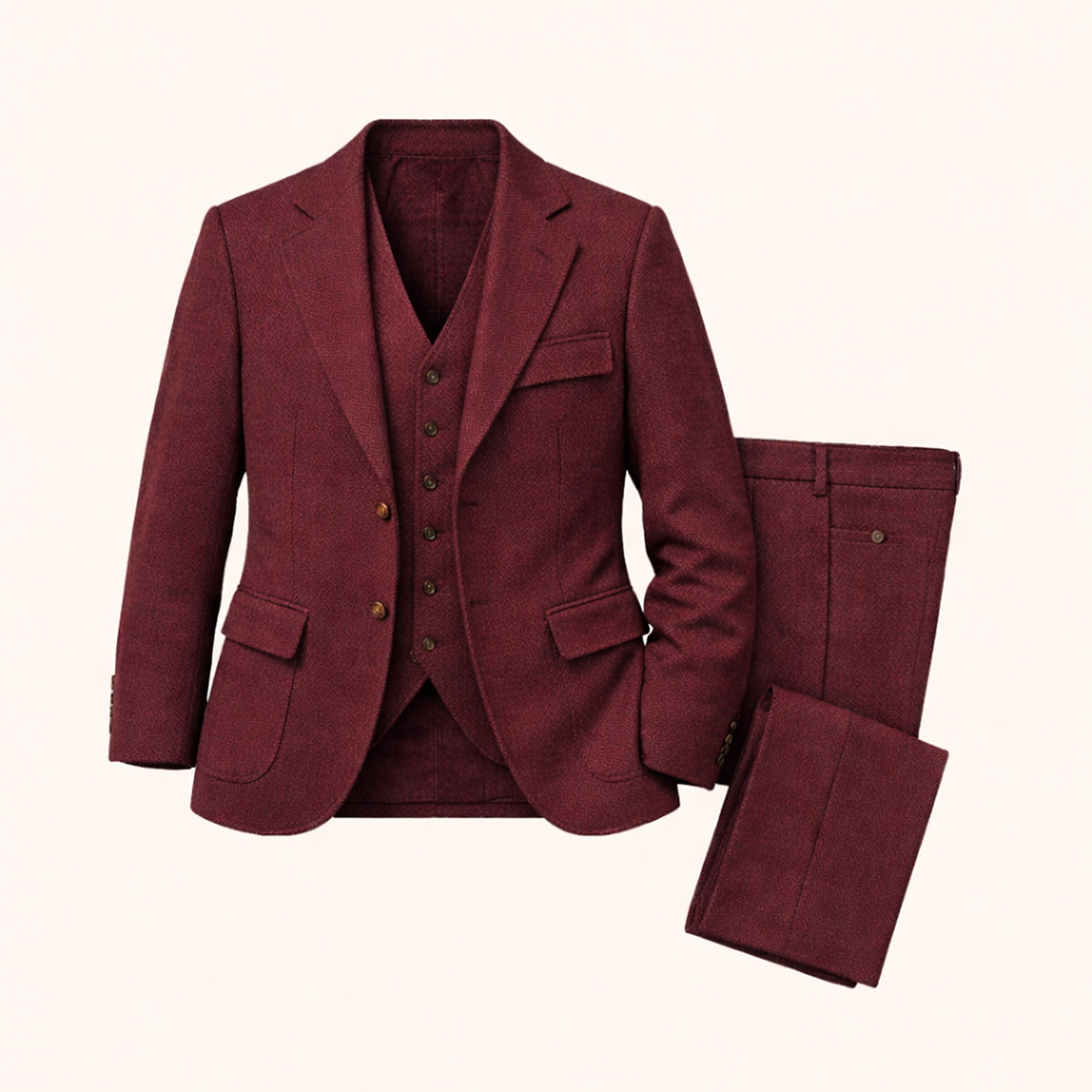 The Como Men’s Smart 3 Piece Tweed Suit – Herringbone Blazer, Waistcoat & Trousers