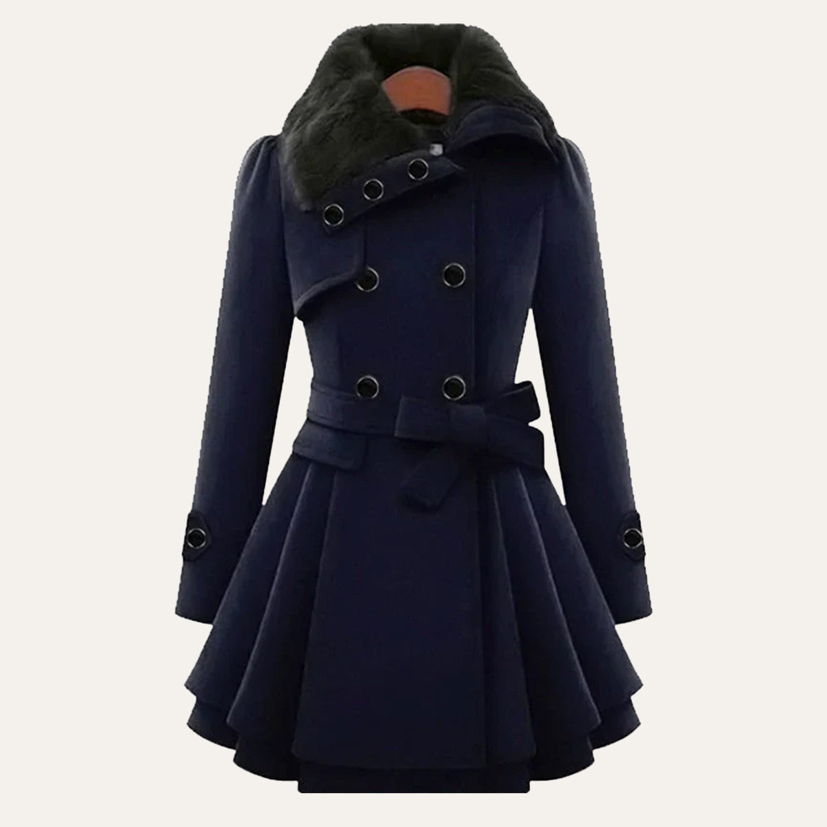 Women's Fur Collar Peacoat – Elegant Belted Fit & Flare Winter Coat
