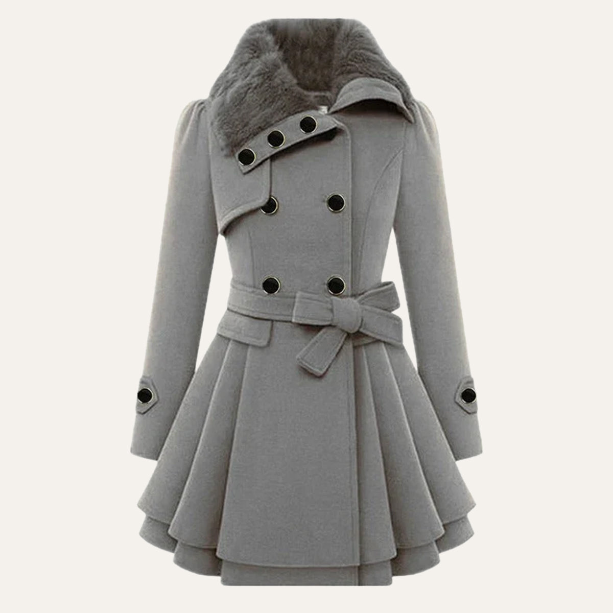 Women's Fur Collar Peacoat – Elegant Belted Fit & Flare Winter Coat