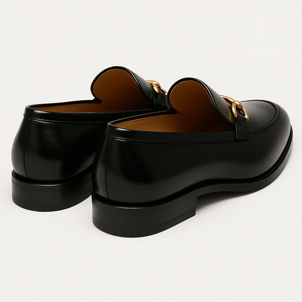 The Caernarfon Men's Black Leather Horsebit Foral Loafers