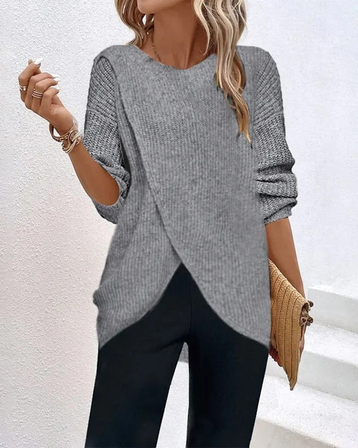 Women's Ribbed Sweater with Asymmetrical Slit Hem