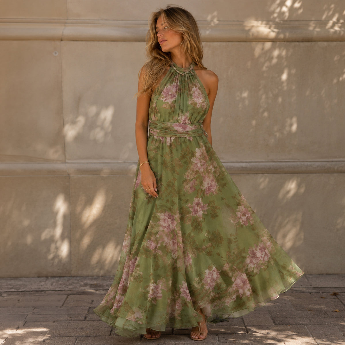 Maxi Chiffon Dress with Halter Neck and Floral Print