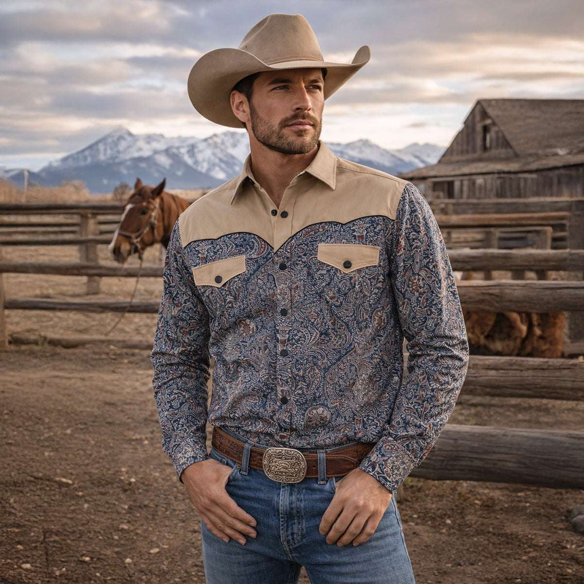 The Huntley Men’s Two Tone Patchwork Western Soft Denim Shirt