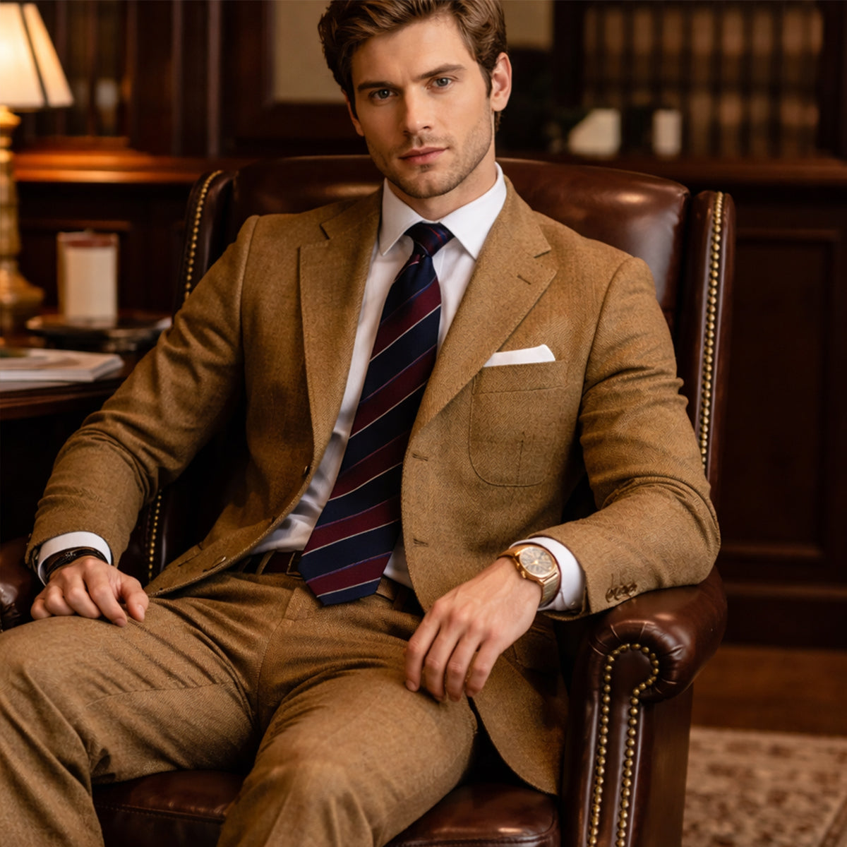 The Como Men’s Smart 3 Piece Tweed Suit – Herringbone Blazer, Waistcoat & Trousers